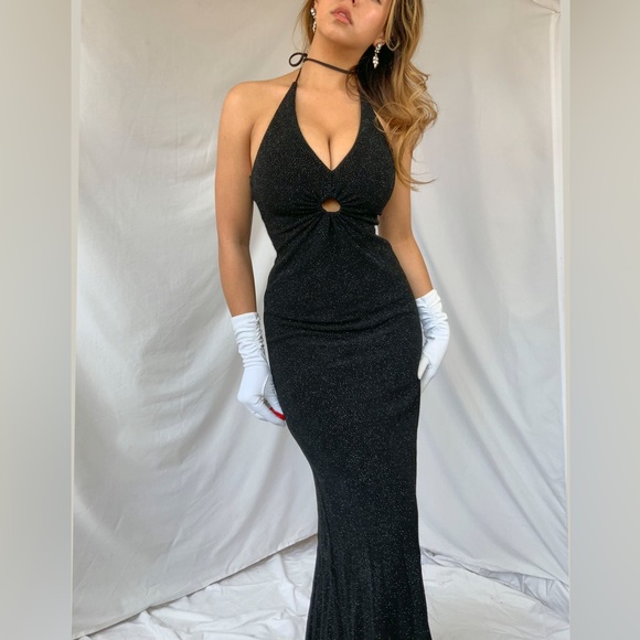 Black vintage y2k goth glitter halter prom dress gown with fishtail train - Picture 1 of 5
